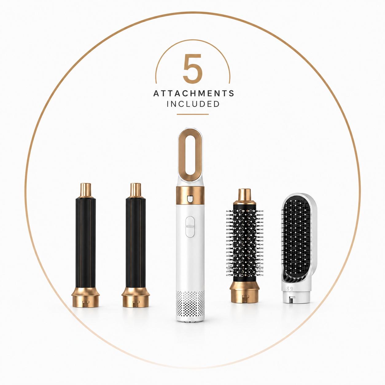 Hair styling tool with five attachments on a white background