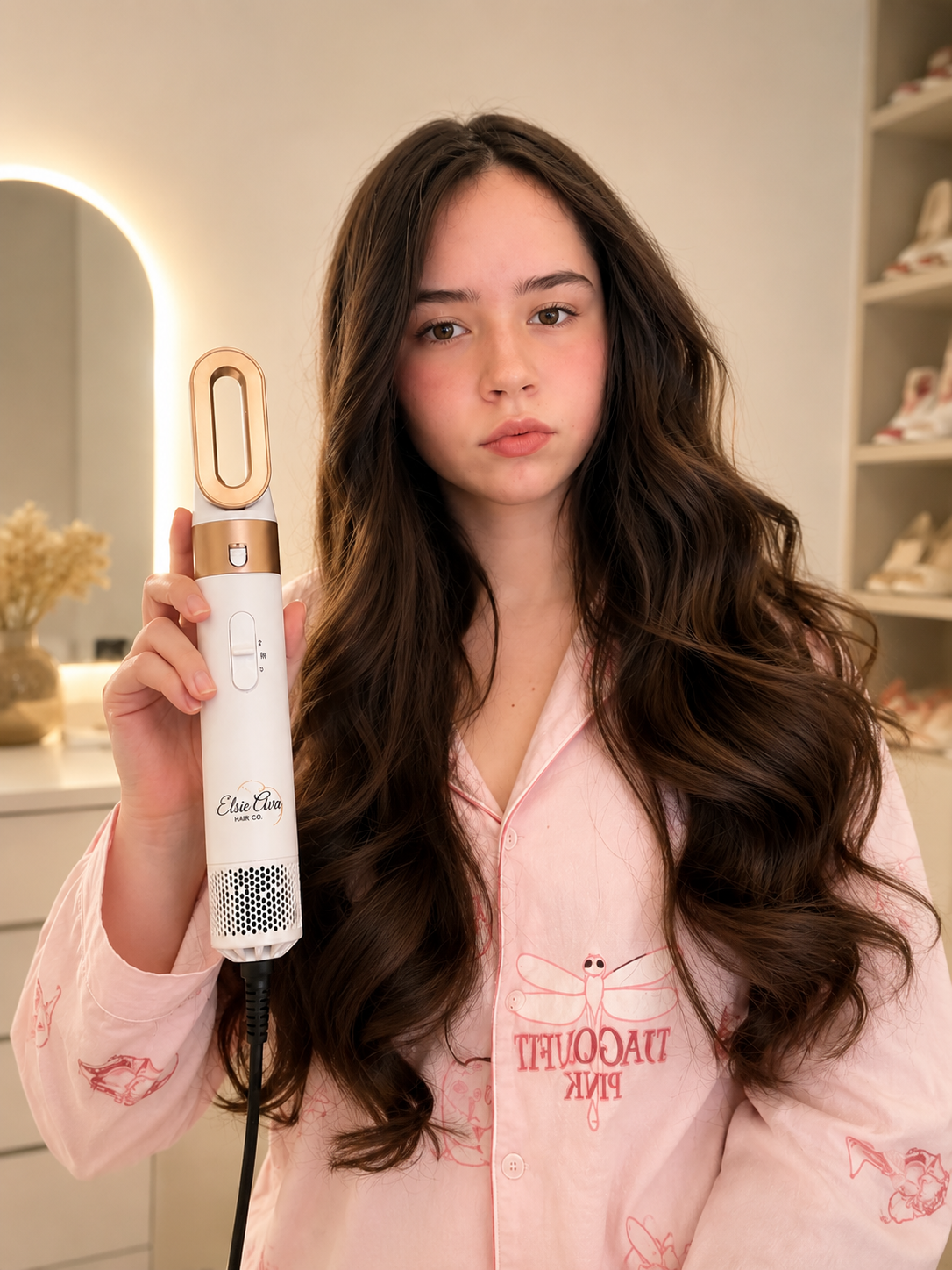 A young woman with long, wavy brown hair holds up a white and gold hair styling device. She is wearing a pink pajama shirt with dragonfly graphics, and the background shows a softly lit room with shelves and a mirror.