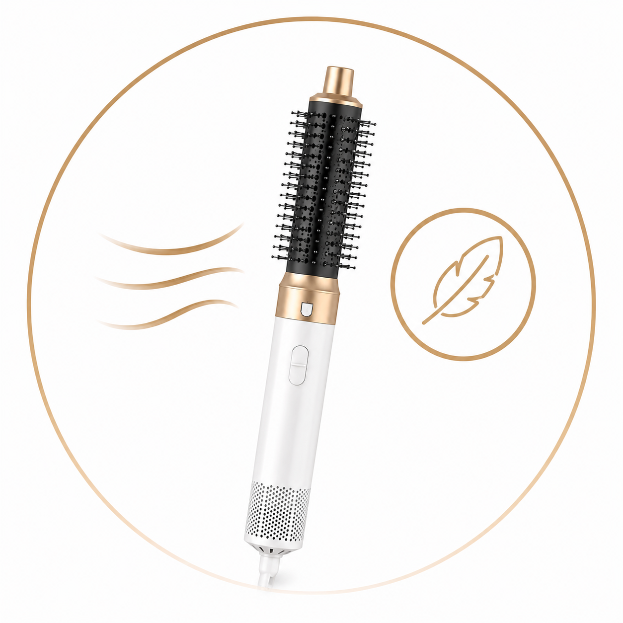 Hair styling tool with bristle brush head on a white background