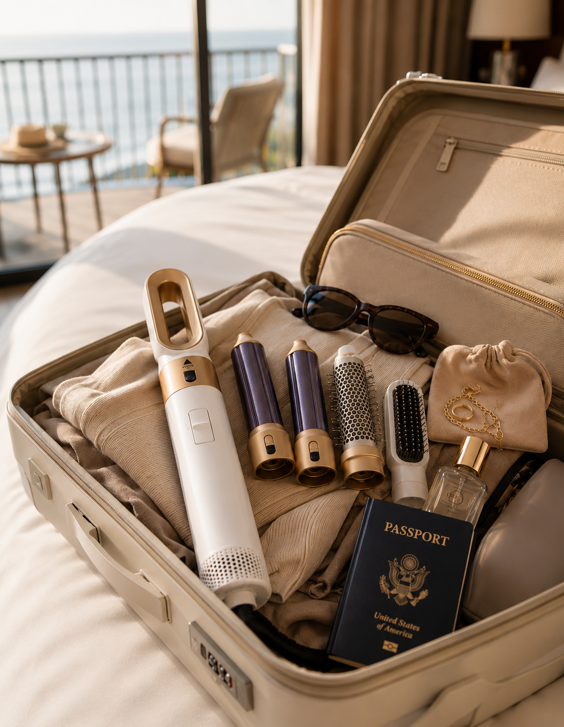 An open beige suitcase on a bed in a hotel room, packed with travel accessories including a white and gold hair styling tool, three hair dryer attachments, sunglasses, a small pouch, a perfume bottle, and a U.S.